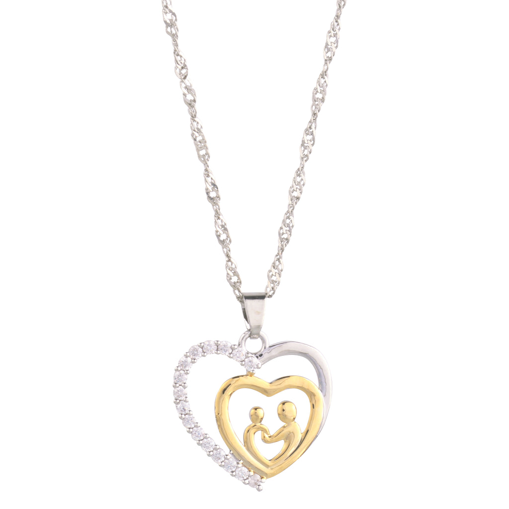 Mother and Child Pavé Heart Pendant Necklace – CZ | Gift for Mom
