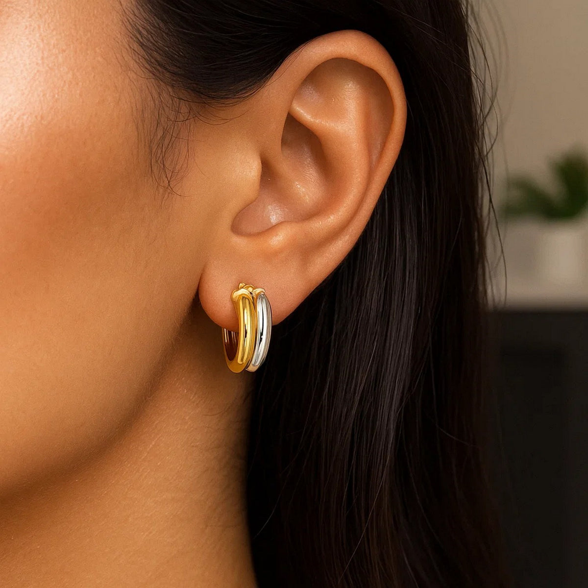 14k Two Tone Gold Double Round Hoops